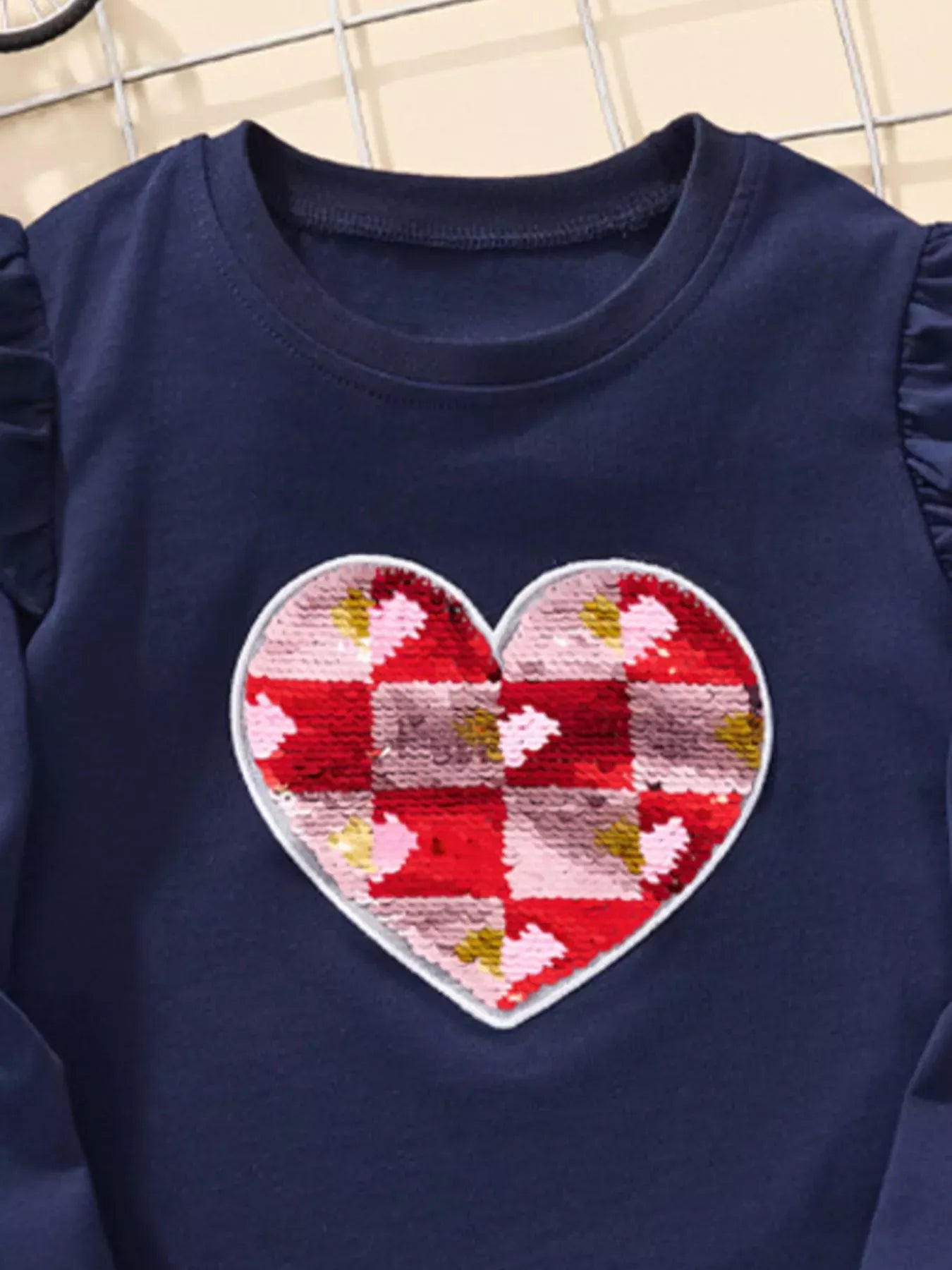 Trendsi Children's Long Sleeve Heart Patch Ruffle Trim T-Shirt