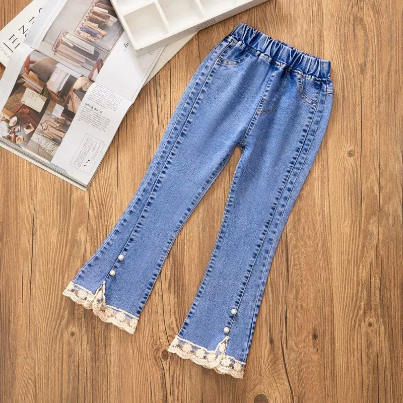Trendy Kids Apparel Kids Clothing Girls Jeans Lace Elastic Waistline Denim Pant