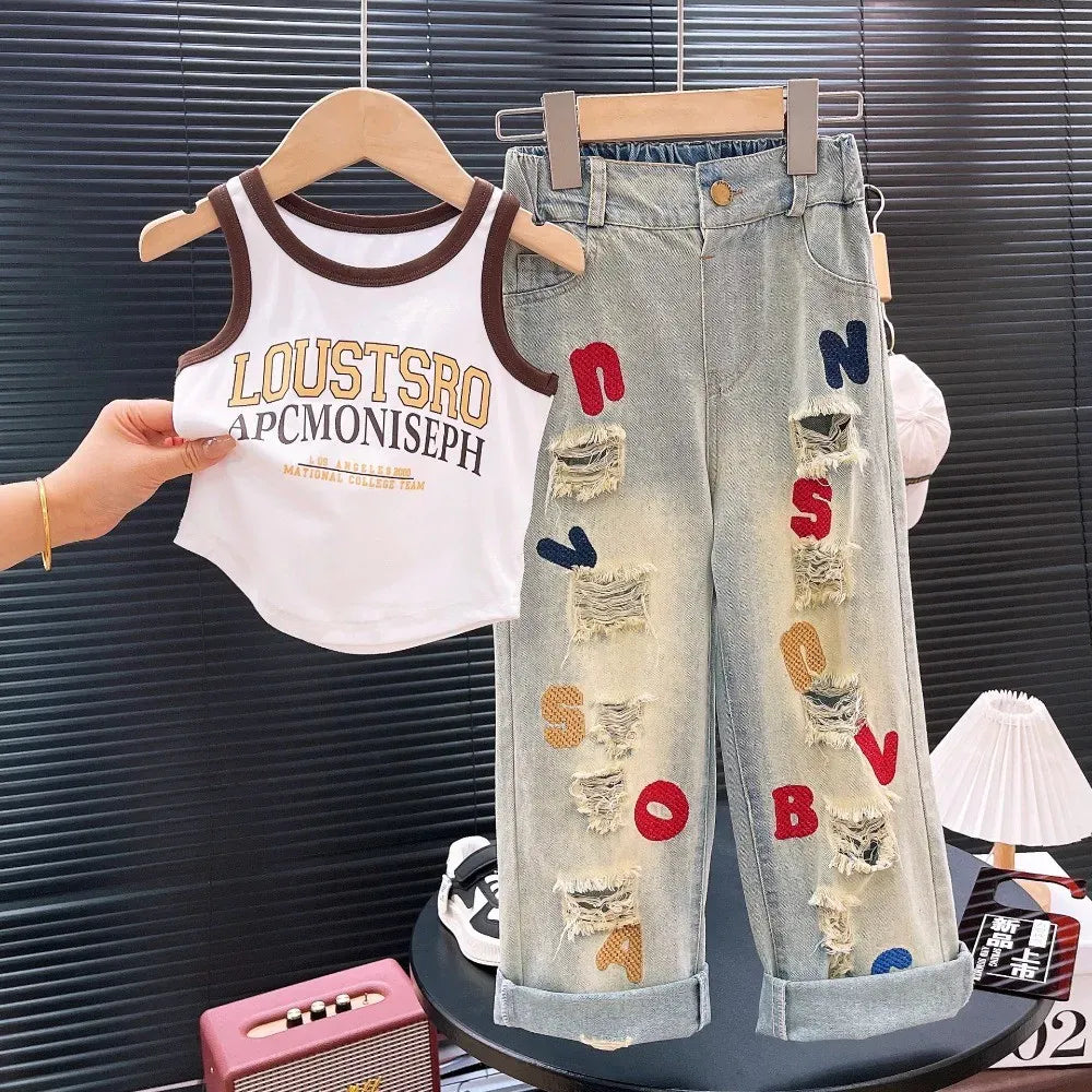 Trendy Kids Apparel Kids Clothing Girls' Street Style Sleeveless Top & Ripped Jeans