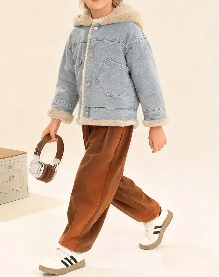Trendy Kids Apparel Kids Clothing Girls Teddy Fleece Lined Hooded Denim Jacket