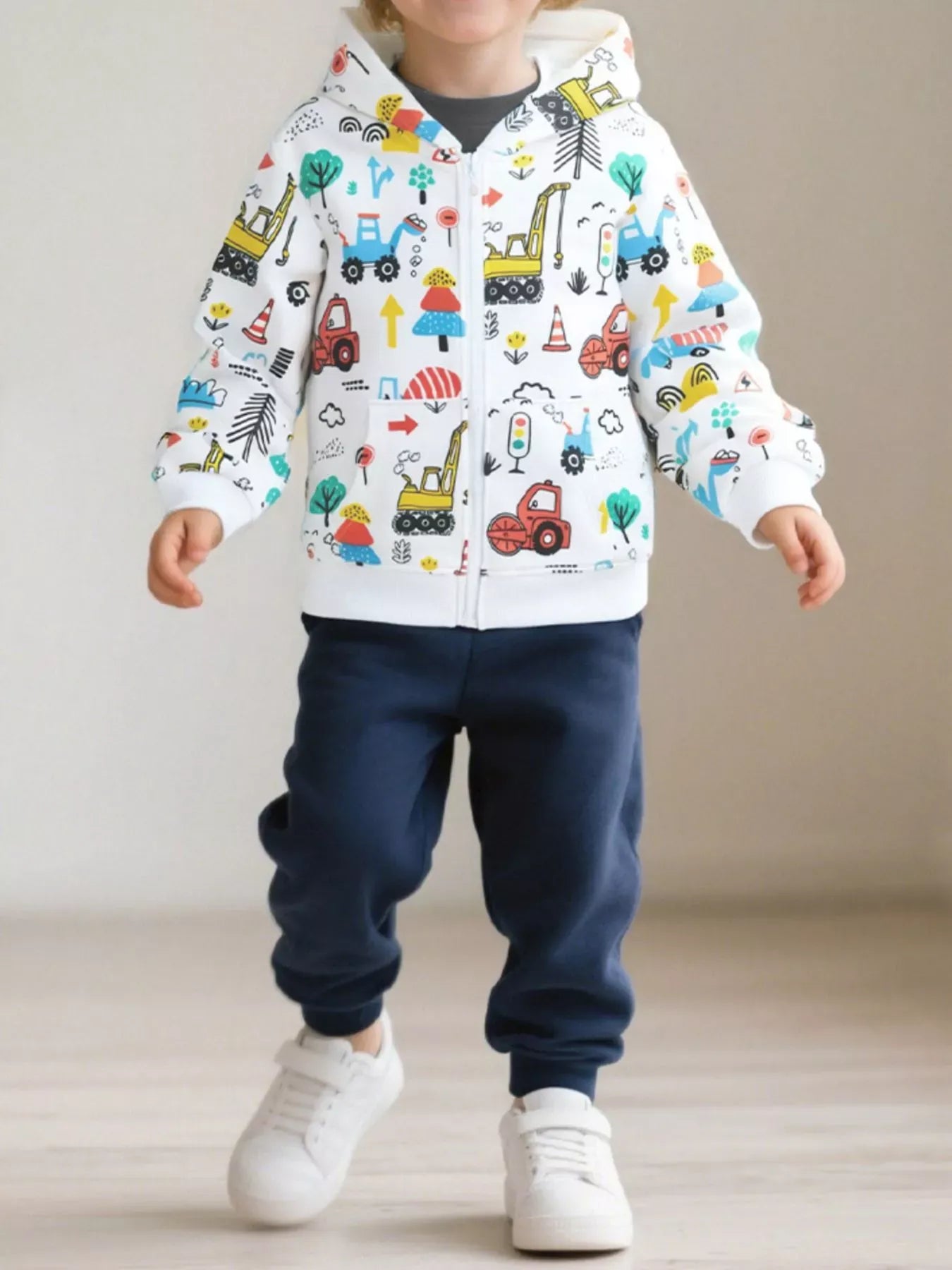 Trendsi Children's Cartoon Construction Vehicle Print Zip-Up Jacket