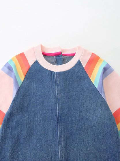 Trendsi Children's Contrast Raglan Sleeve Denim Dress