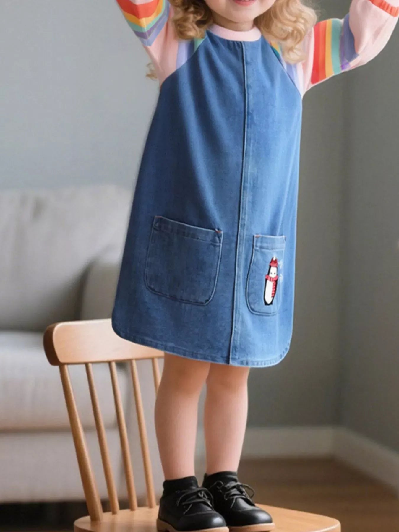 Trendsi Children's Contrast Raglan Sleeve Denim Dress