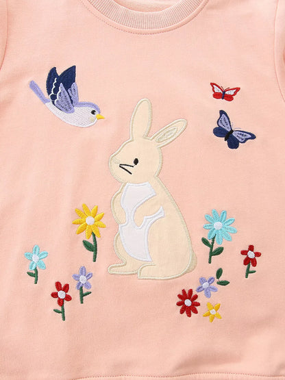 Trendsi Children's Cute Bunny Embroidered Round Neck Sweatshirt