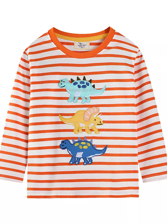 Trendsi Children's Dinosaur Applique Striped Long Sleeve T-Shirt