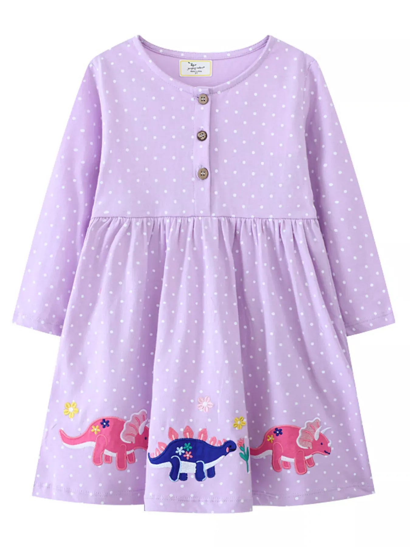 Trendsi Children's Dinosaur Embroidered Polka Dot Dress