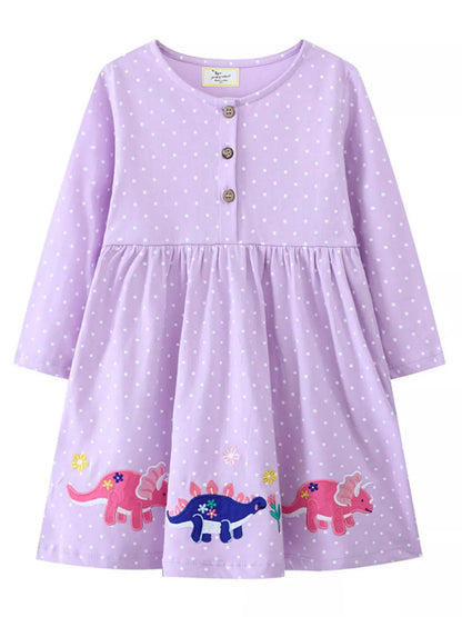 Trendsi Children's Dinosaur Embroidered Polka Dot Dress