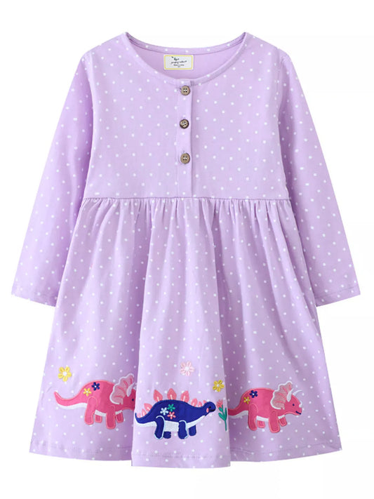 Trendsi Children's Dinosaur Embroidered Polka Dot Dress