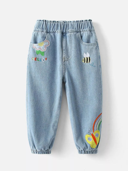 Trendsi Children's Embroidered Cartoon Pattern Elastic Waist Jeans