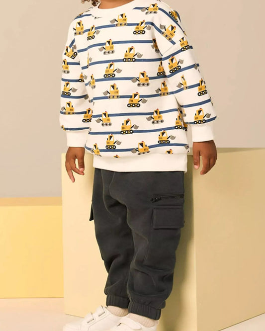 Trendsi Children's Excavator Print Striped Crew Neck Sweatshirt
