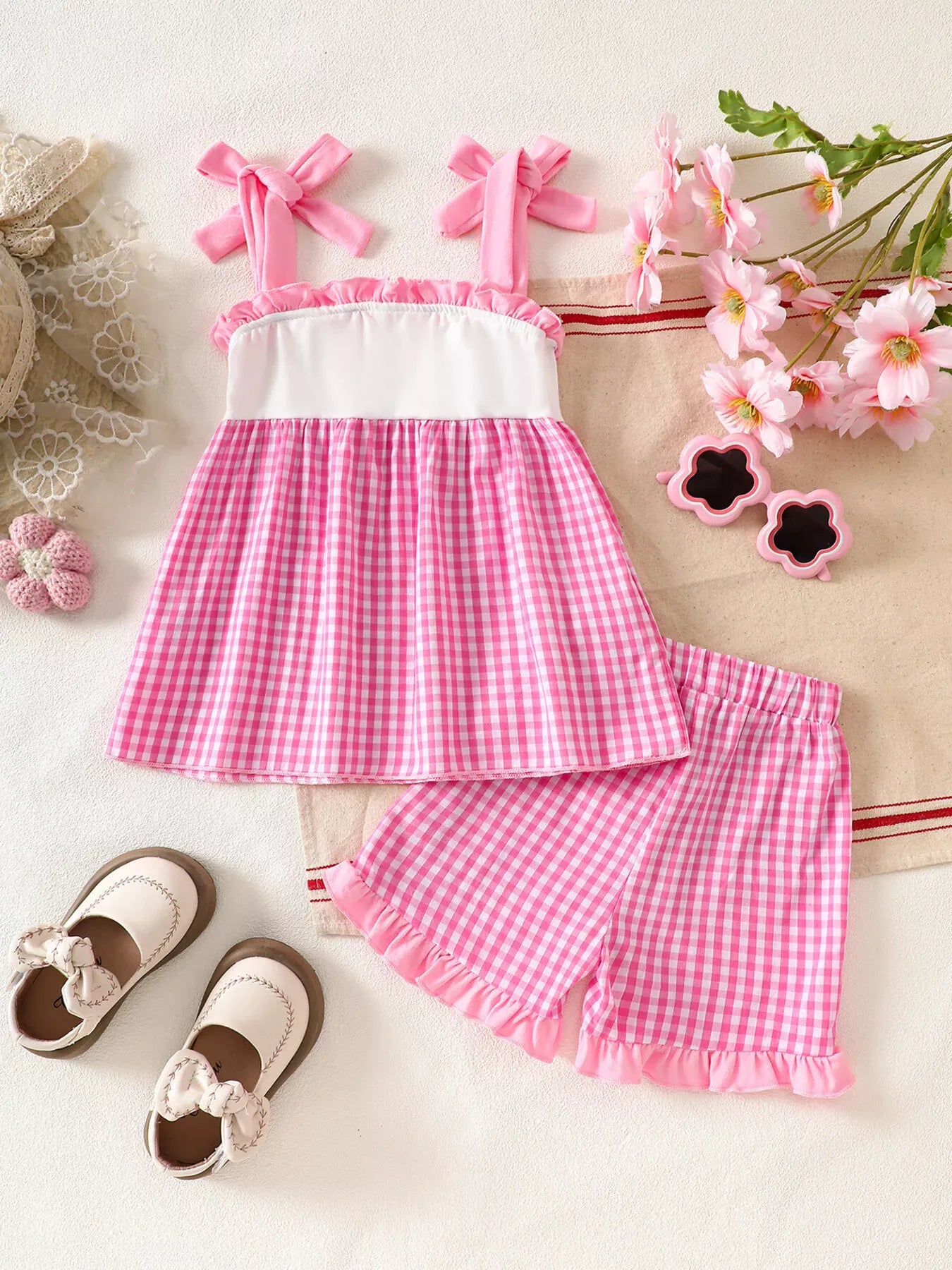 Trendsi Children's Floral Applique Gingham Cami Top & Shorts Set