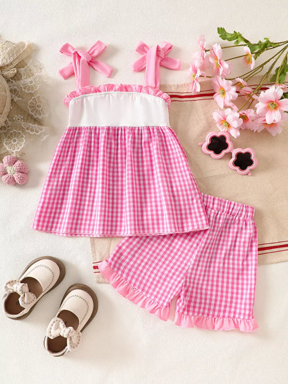 Trendsi Children's Floral Applique Gingham Cami Top & Shorts Set