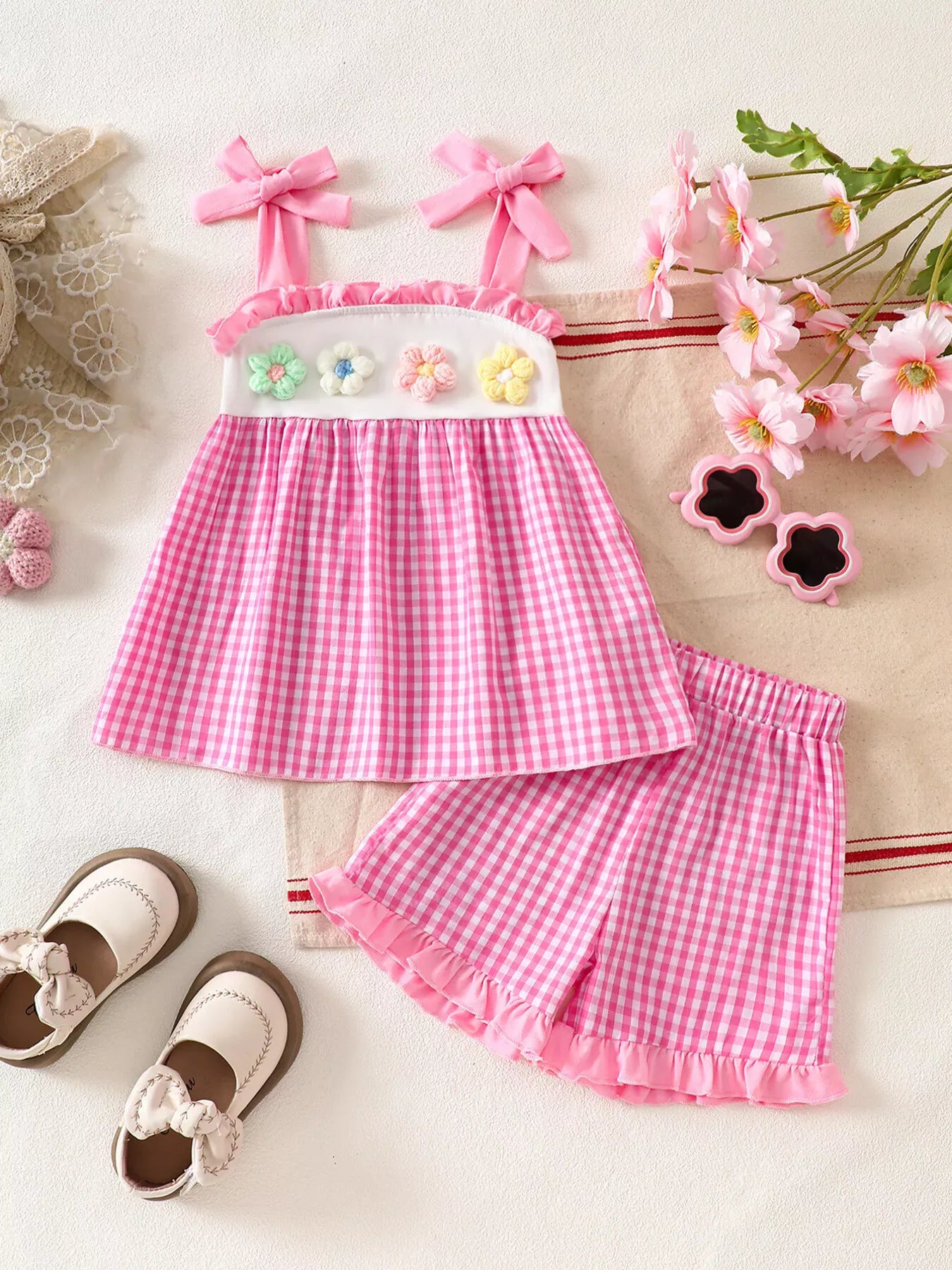 Trendsi Children's Floral Applique Gingham Cami Top & Shorts Set