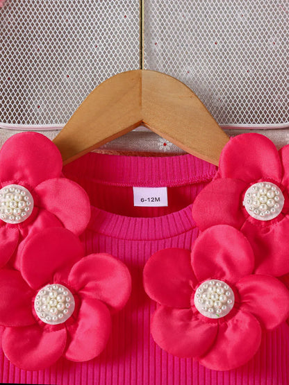 Trendsi Children's Floral Applique Ribbed Top & Button Decor Skirt Set