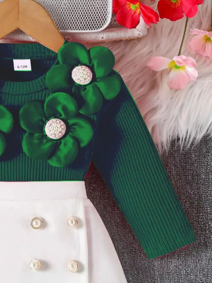 Trendsi Children's Floral Applique Ribbed Top & Button Decor Skirt Set