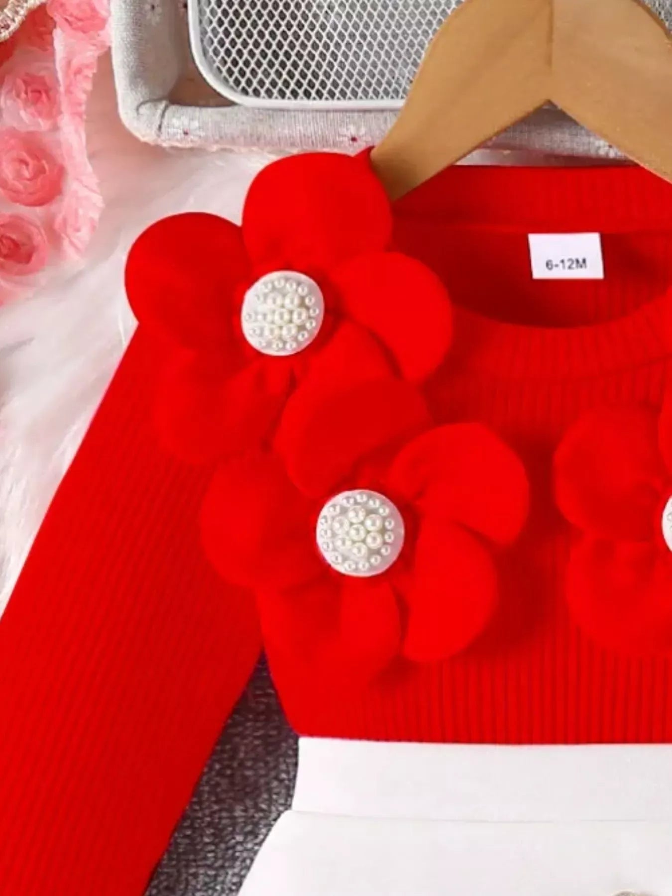 Trendsi Children's Floral Applique Ribbed Top & Button Decor Skirt Set