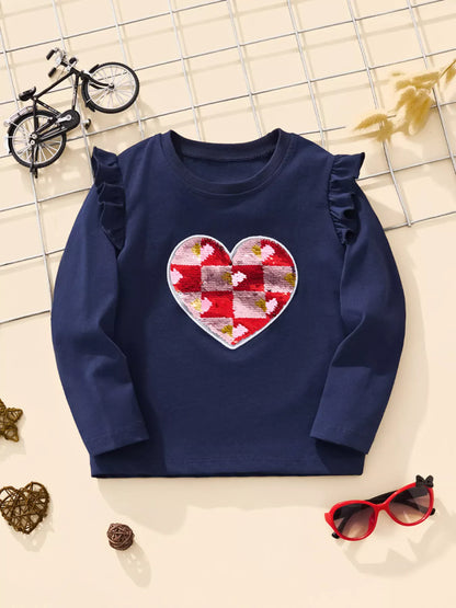Trendsi Children's Long Sleeve Heart Patch Ruffle Trim T-Shirt