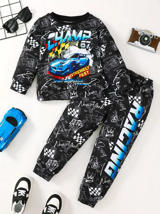 Trendsi Children's Racing Car Print Long Sleeve Sweatshirt and Pants Set