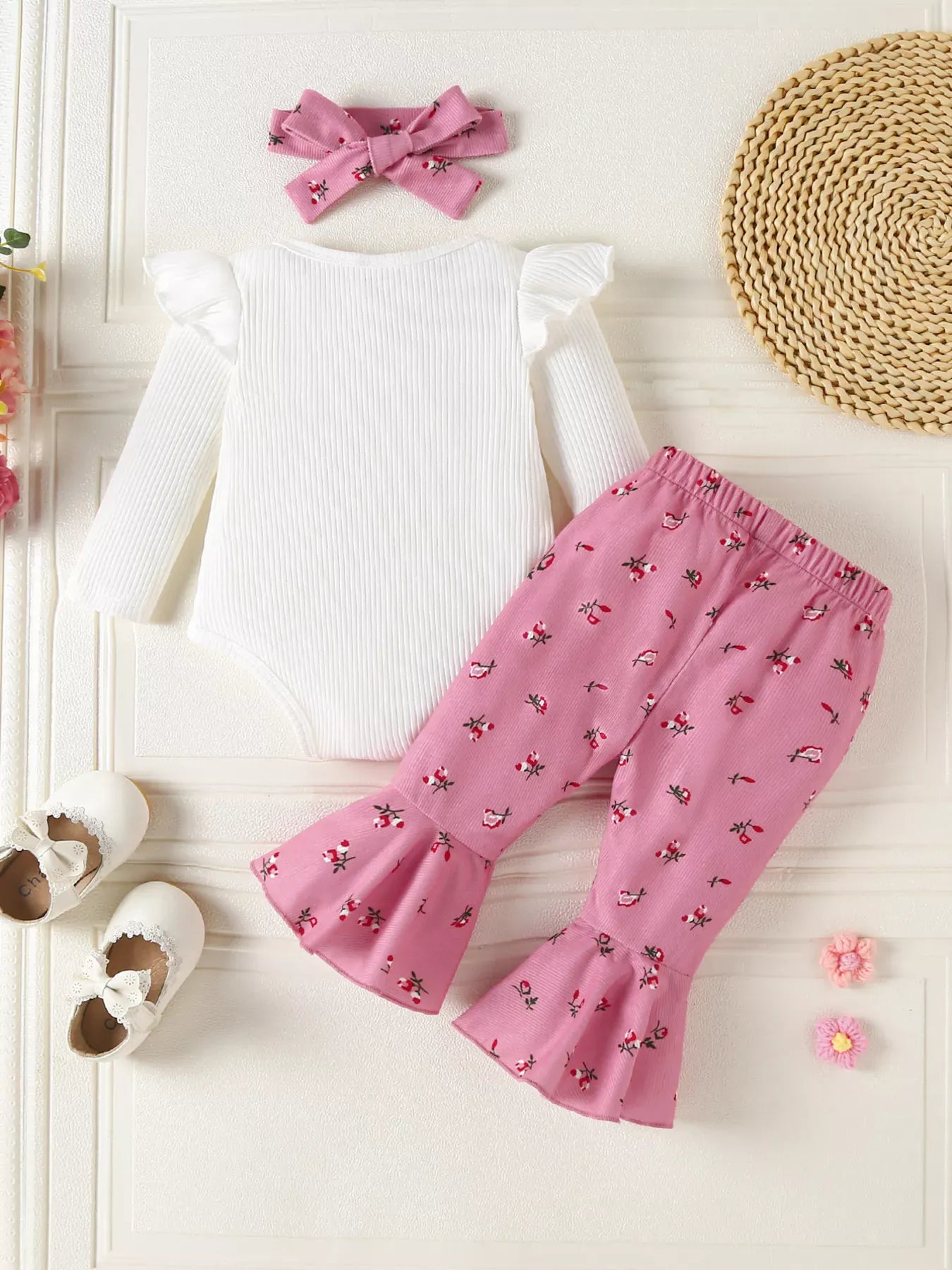 Trendsi Children's Ruffled Bodysuit and Floral Pants Outfit Set with Headband