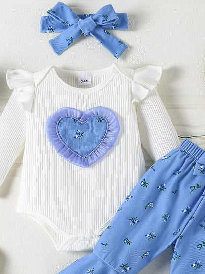 Trendsi Children's Ruffled Bodysuit and Floral Pants Outfit Set with Headband