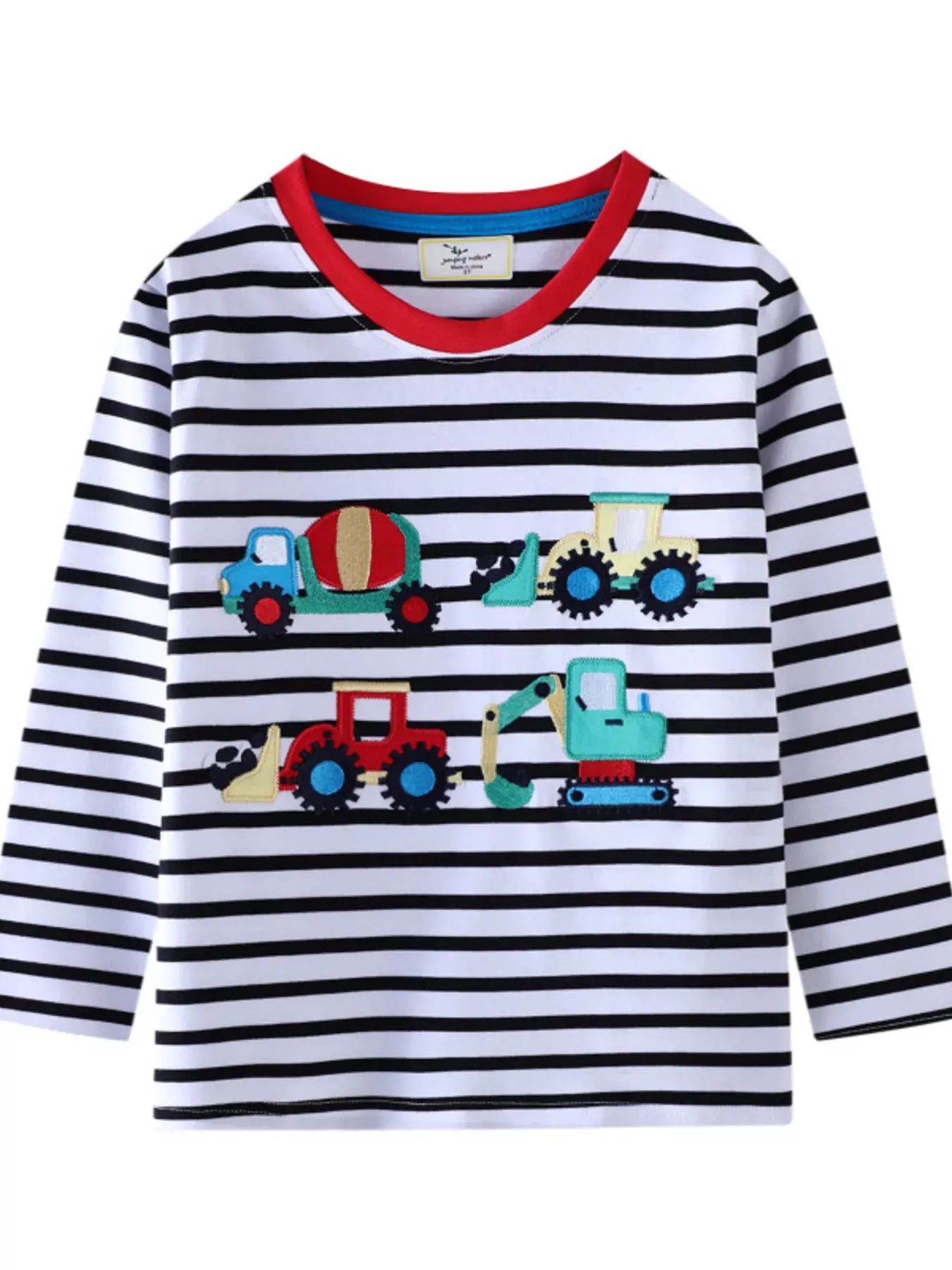 Trendsi Children's Striped Long Sleeve T-Shirt with Construction Vehicle Appliques