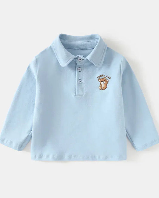 Trendy Kids Apparel Kids Clothing Boys' Cotton Long Sleeve Cartoon Bear Embroidered Polo Shirt