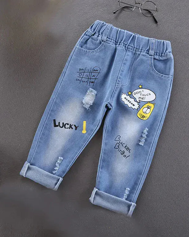 Trendy Kids Apparel Kids Clothing Boys Cotton Print Splice Stretch Denim Pants