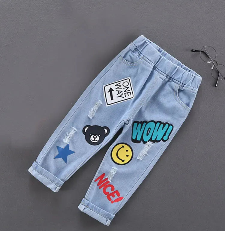 Trendy Kids Apparel Kids Clothing Boys Cotton Print Splice Stretch Denim Pants