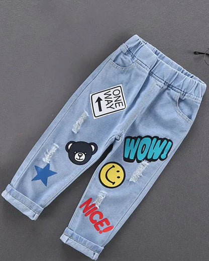 Trendy Kids Apparel Kids Clothing Boys Cotton Print Splice Stretch Denim Pants