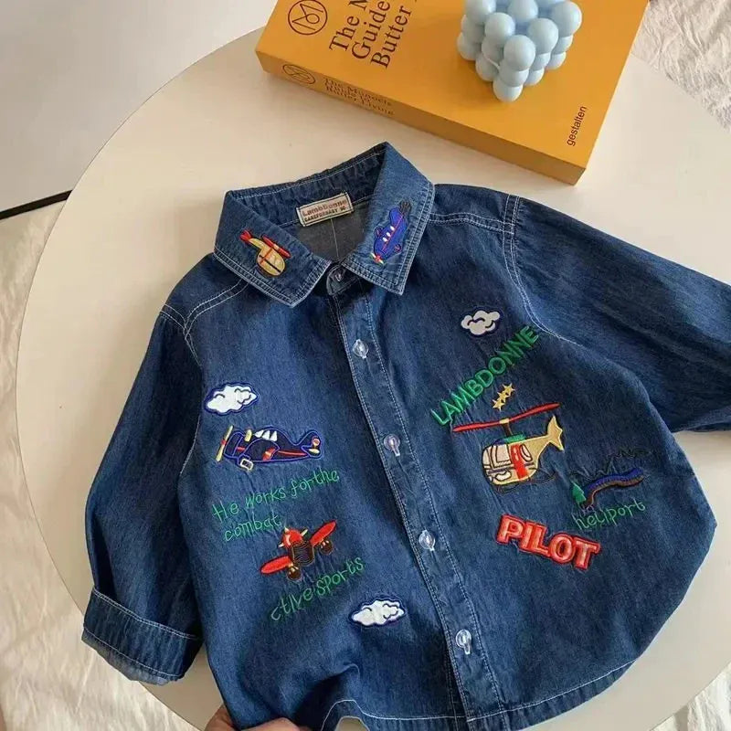 Trendy Kids Apparel Kids Clothing Boys' Denim Shirt | Cartoon Embroidery & Loose Casual Fit