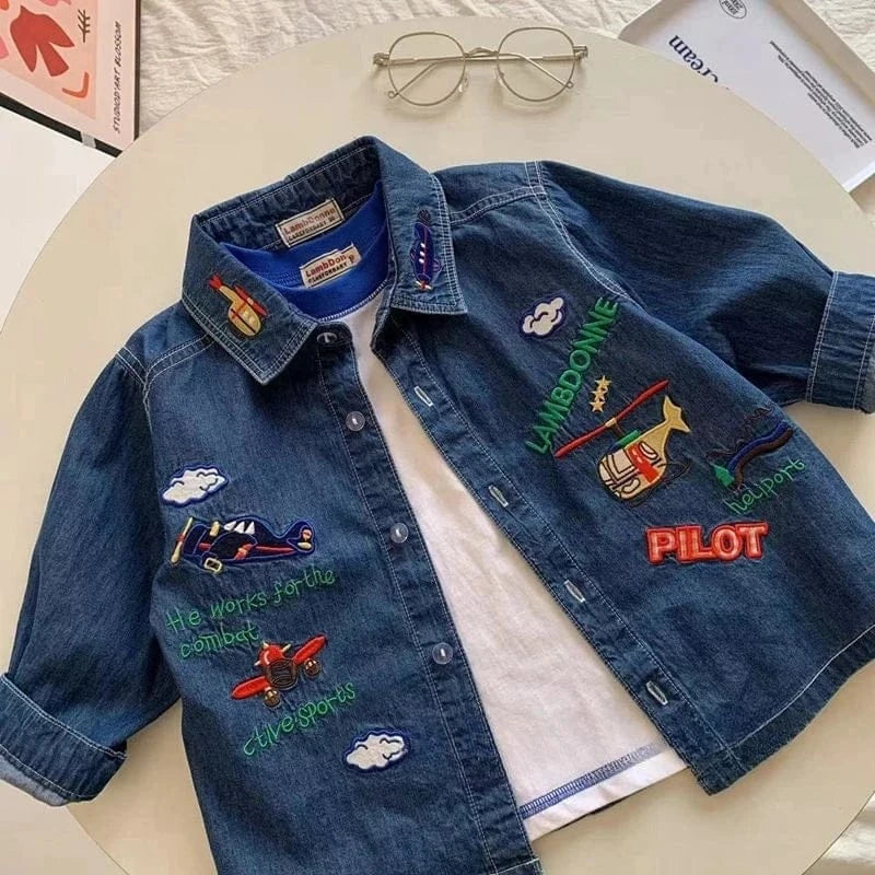 Trendy Kids Apparel Kids Clothing Boys' Denim Shirt | Cartoon Embroidery & Loose Casual Fit