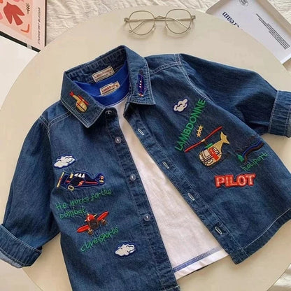 Trendy Kids Apparel Kids Clothing Boys' Denim Shirt | Cartoon Embroidery & Loose Casual Fit