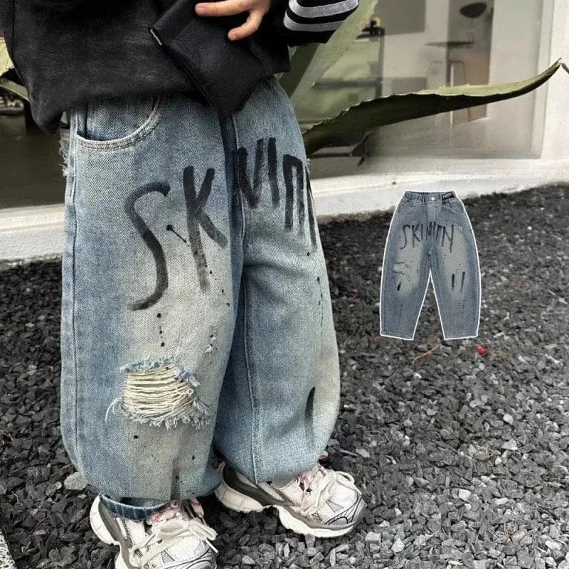 Trendy Kids Apparel Kids Clothing Boys Fashion Letter Graffiti Jeans