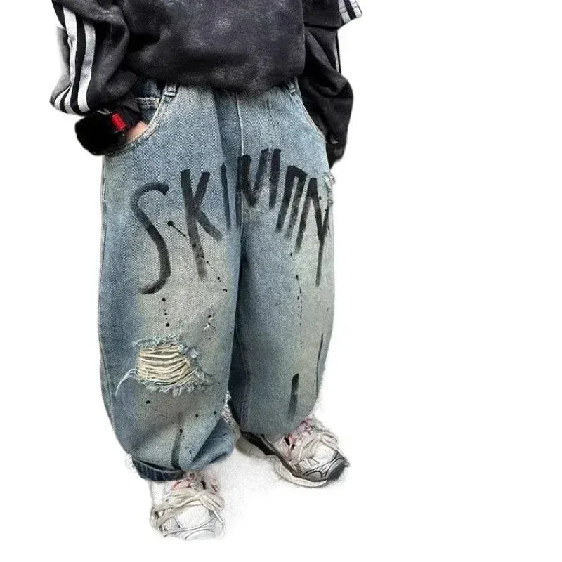 Trendy Kids Apparel Kids Clothing Boys Fashion Letter Graffiti Jeans