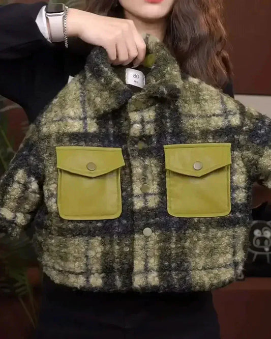 Trendy Kids Apparel Kids Clothing Boys' New 2026 Green Grid Wool Blend Velvet Jacket