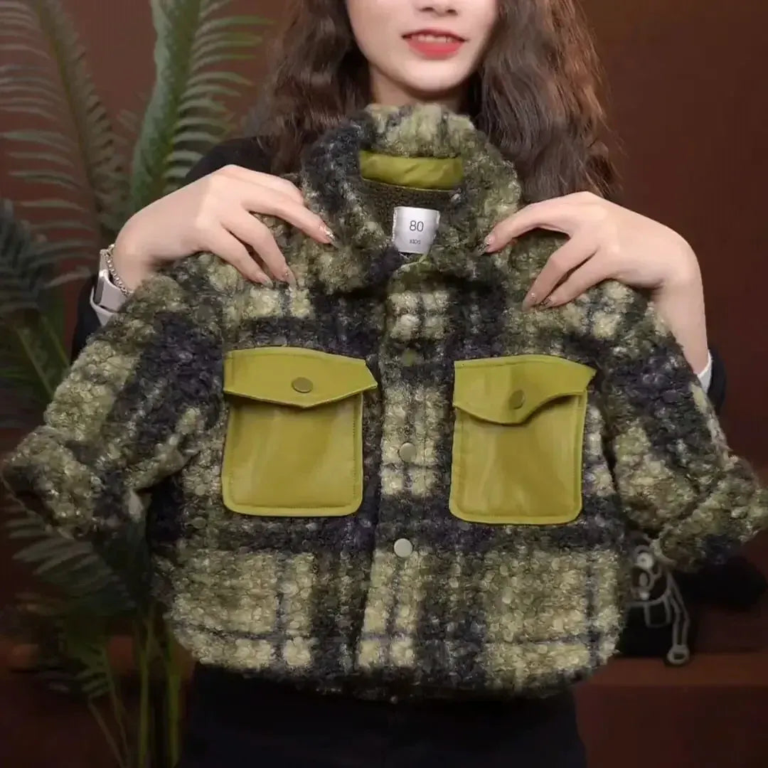 Trendy Kids Apparel Kids Clothing Boys' New 2026 Green Grid Wool Blend Velvet Jacket