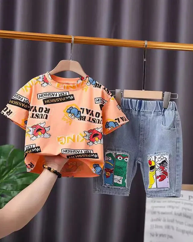 Trendy Kids Apparel Kids Clothing Boys' New Summer Cartoon Print T-Shirt & Denim Shorts Set