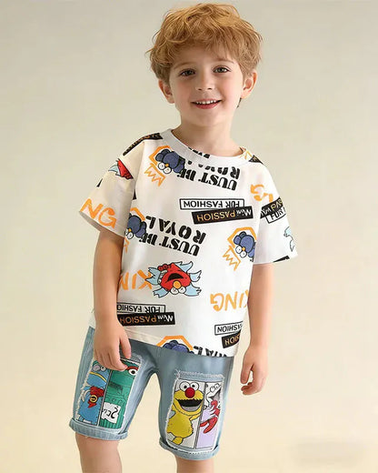 Trendy Kids Apparel Kids Clothing Boys' New Summer Cartoon Print T-Shirt & Denim Shorts Set