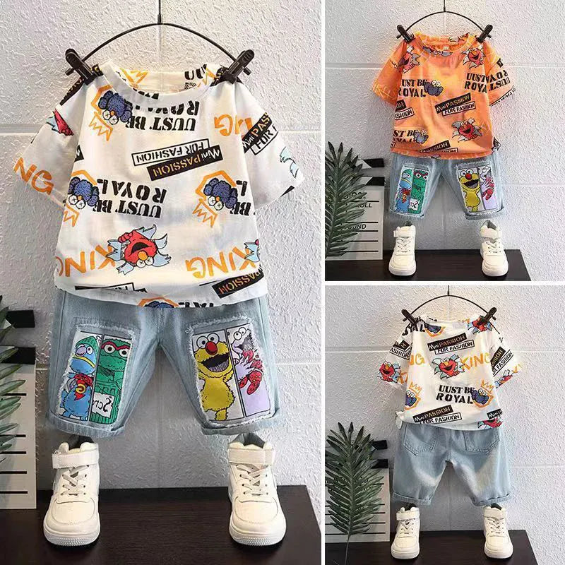 Trendy Kids Apparel Kids Clothing Boys' New Summer Cartoon Print T-Shirt & Denim Shorts Set