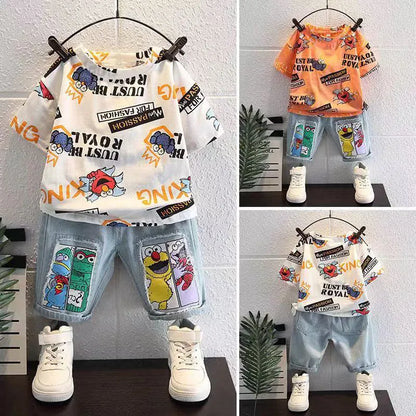 Trendy Kids Apparel Kids Clothing Boys' New Summer Cartoon Print T-Shirt & Denim Shorts Set