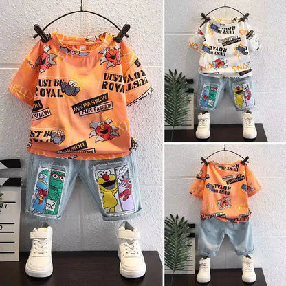 Trendy Kids Apparel Kids Clothing Boys' New Summer Cartoon Print T-Shirt & Denim Shorts Set