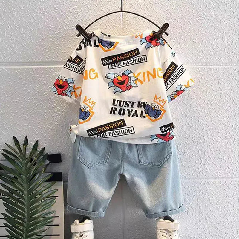 Trendy Kids Apparel Kids Clothing Boys' New Summer Cartoon Print T-Shirt & Denim Shorts Set