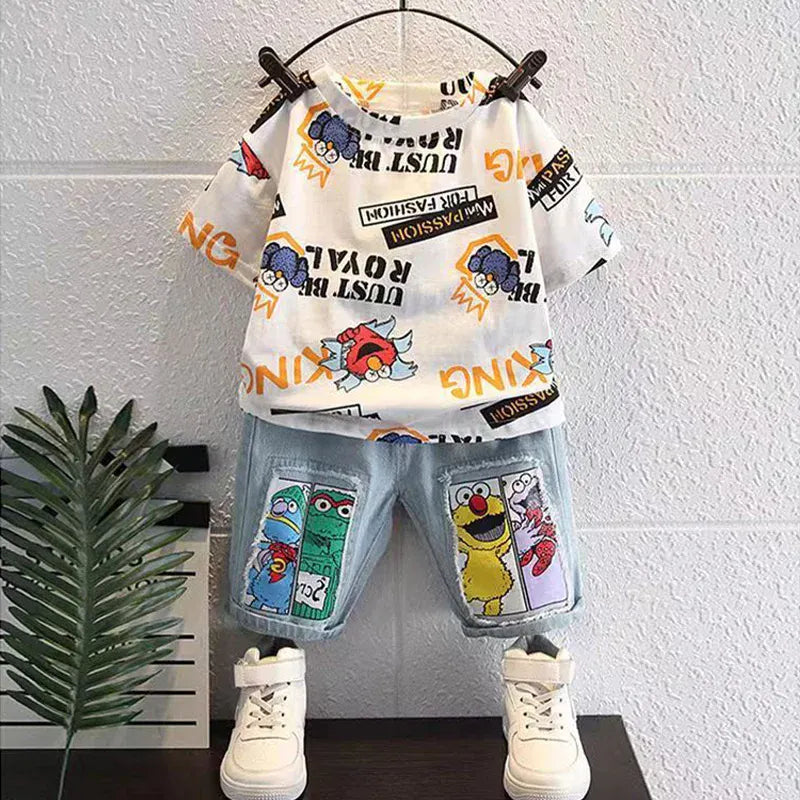 Trendy Kids Apparel Kids Clothing Boys' New Summer Cartoon Print T-Shirt & Denim Shorts Set