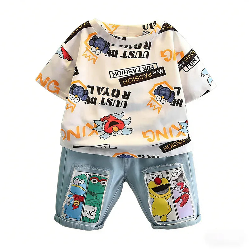 Trendy Kids Apparel Kids Clothing Boys' New Summer Cartoon Print T-Shirt & Denim Shorts Set