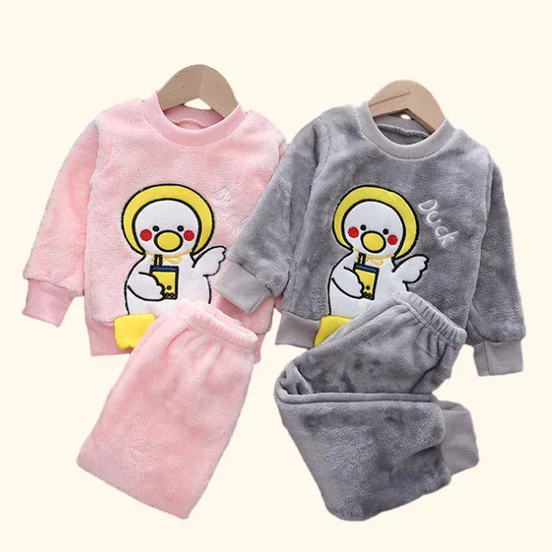 Trendy Kids Apparel Kids Clothing Children's Autumn/Winter Thick Flannel Fleece Pajama Set