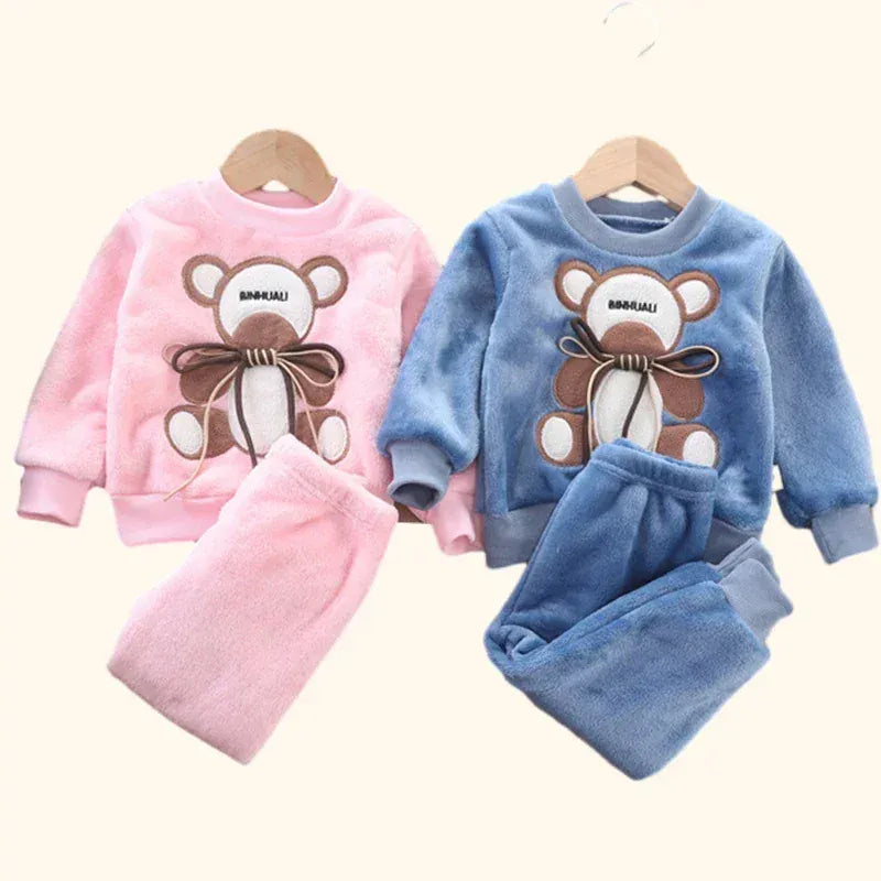 Trendy Kids Apparel Kids Clothing Children's Autumn/Winter Thick Flannel Fleece Pajama Set