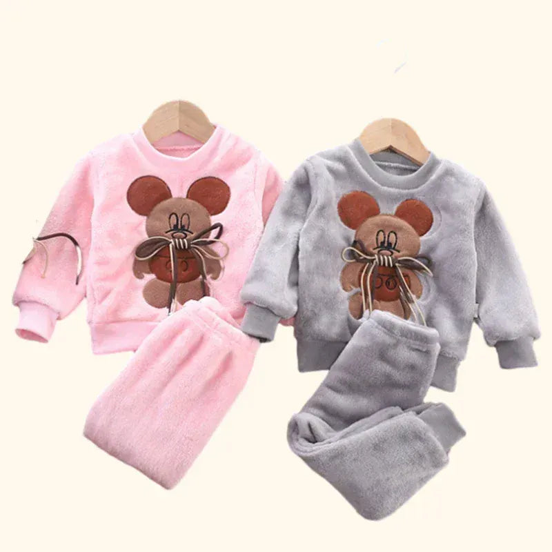 Trendy Kids Apparel Kids Clothing Children's Autumn/Winter Thick Flannel Fleece Pajama Set