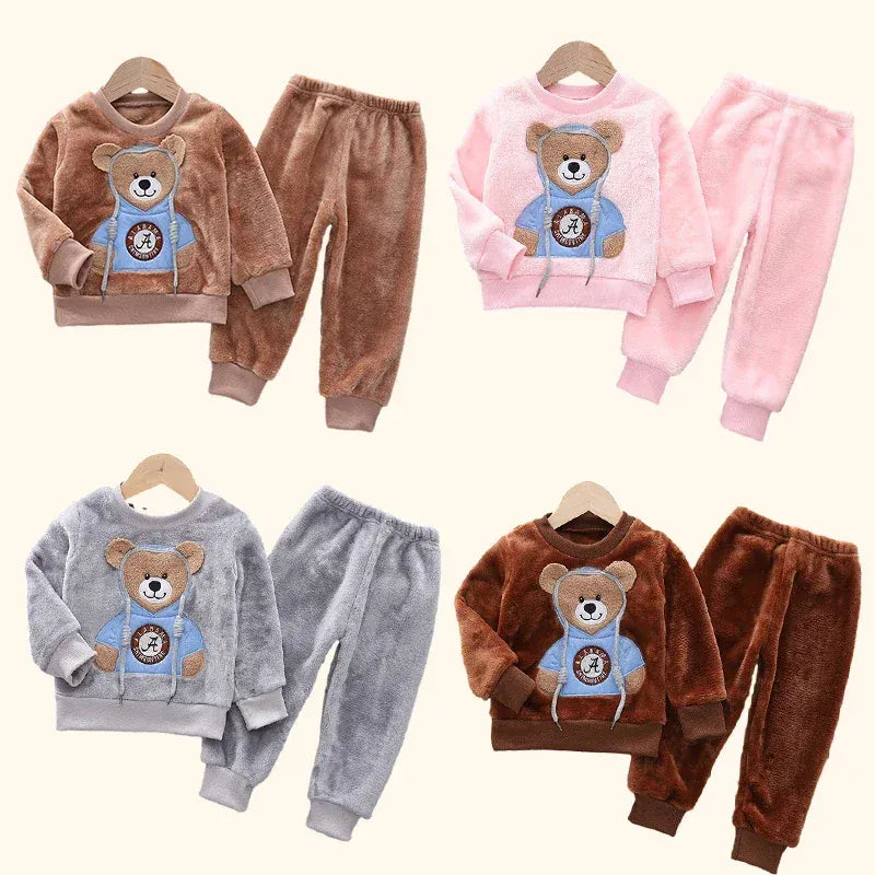 Trendy Kids Apparel Kids Clothing Children's Autumn/Winter Thick Flannel Fleece Pajama Set