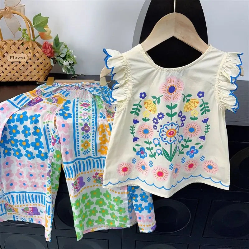Trendy Kids Apparel Kids Clothing Children's Boutique Floral Print Sleeveless Top & Wide-Leg Pants Set