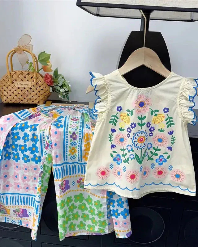 Trendy Kids Apparel Kids Clothing Children's Boutique Floral Print Sleeveless Top & Wide-Leg Pants Set